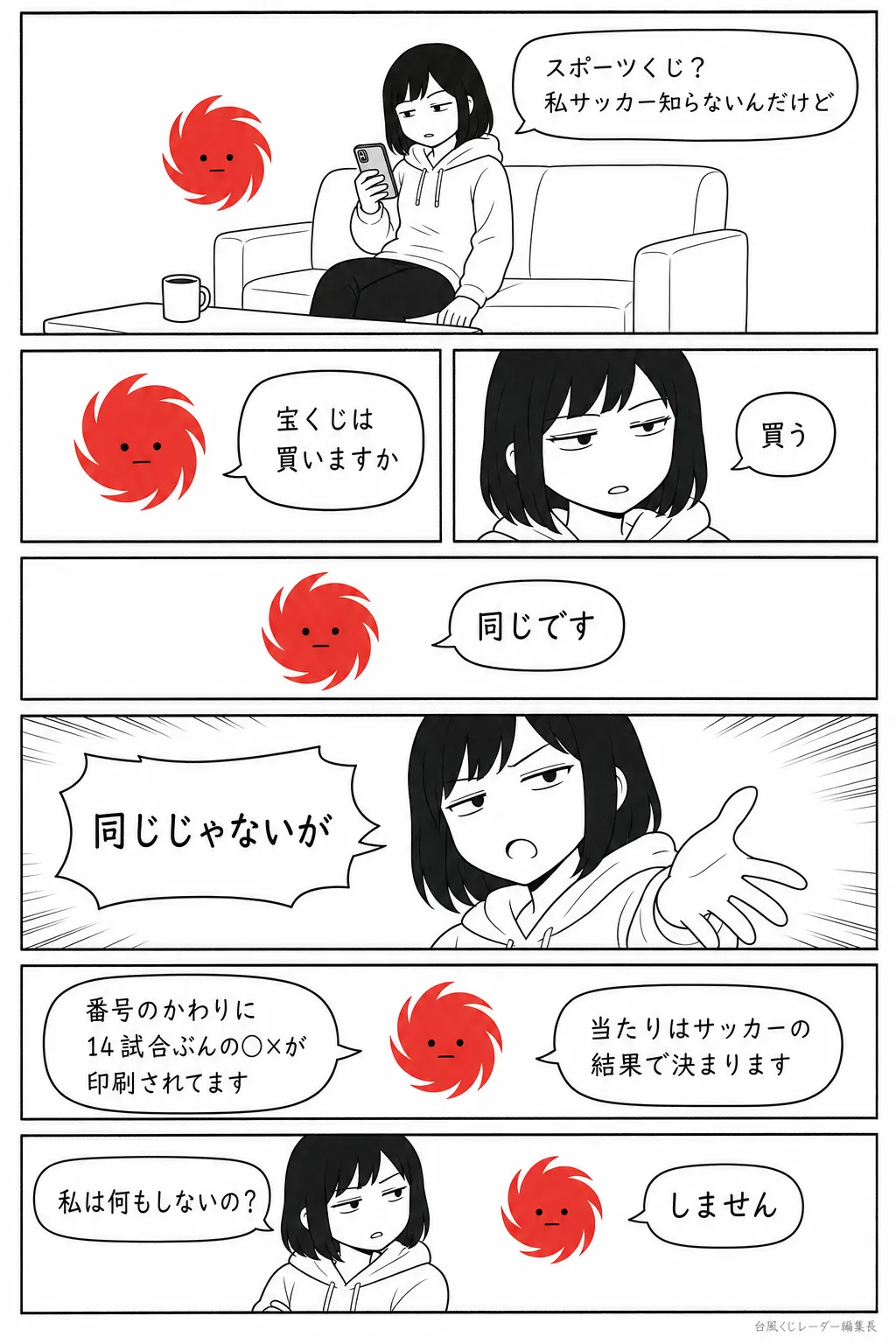 漫画 第 1 話「スポーツくじって何?」全 7 コマ。くじ子：スポーツくじ? 私サッカー知らないんだけど／台風くん：宝くじは買いますか／くじ子：買う／台風くん：同じです／くじ子：同じじゃないが／台風くん：番号のかわりに 14試合ぶんの◯×が印刷されてます／台風くん：当たりはサッカーの結果で決まります／くじ子：私は何もしないの?／台風くん：しません