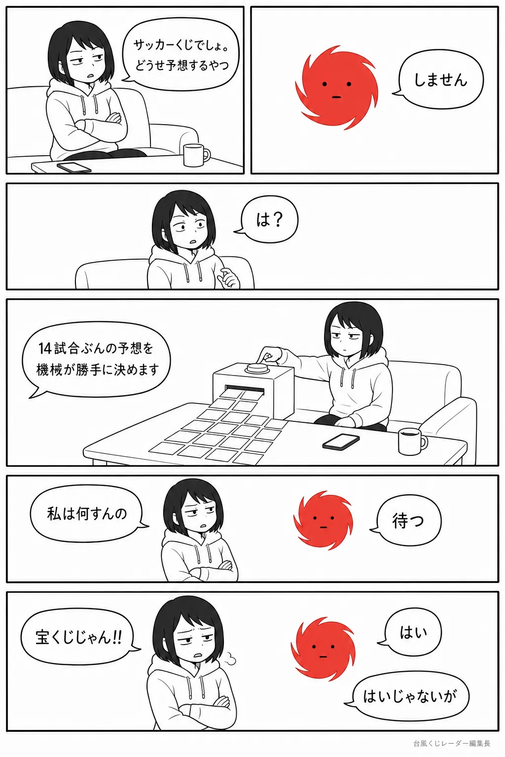 漫画 第 3 話「予想すんの？」全 6 コマ。くじ子：サッカーくじでしょ。どうせ予想するやつ／台風くん：しません／くじ子：は？／台風くん：14試合ぶんの予想を 機械が勝手に決めます／くじ子：私は何すんの／台風くん：待つ／くじ子：宝くじじゃん!!／台風くん：はい／くじ子：はいじゃないが
